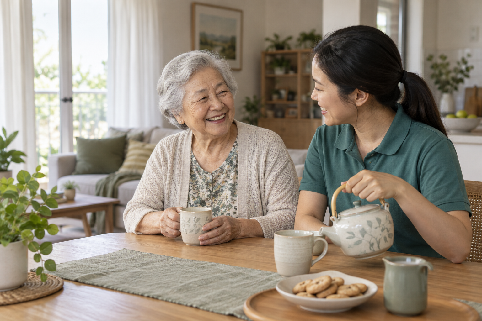 An older woman sharing tea with a support worker at home