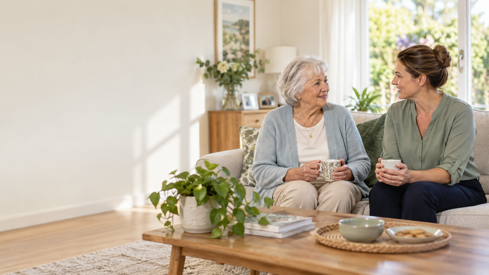 An older woman having a warm conversation with a care coordinator at home