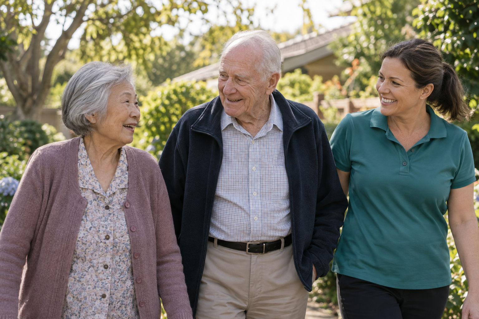 Older adults enjoying a walk through a garden with a support worker