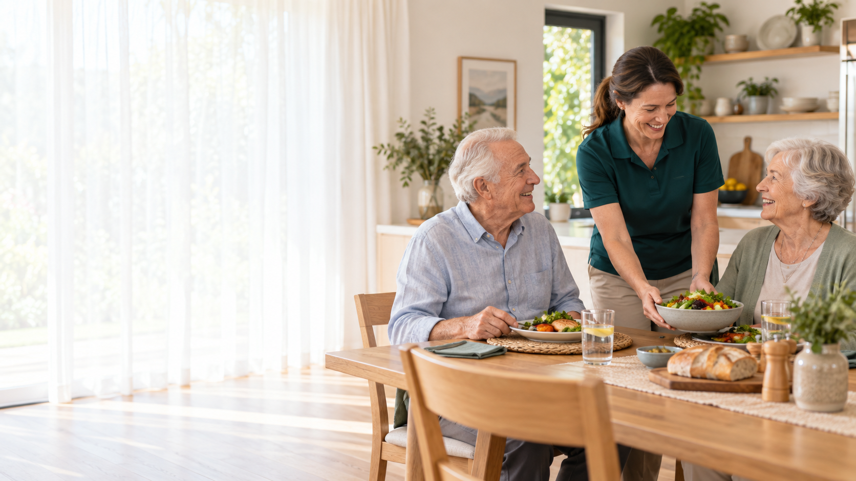 Older people enjoying a meal at home with a support worker
