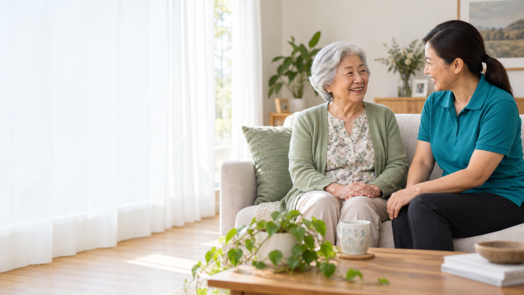An older woman talking warmly with a support worker at home