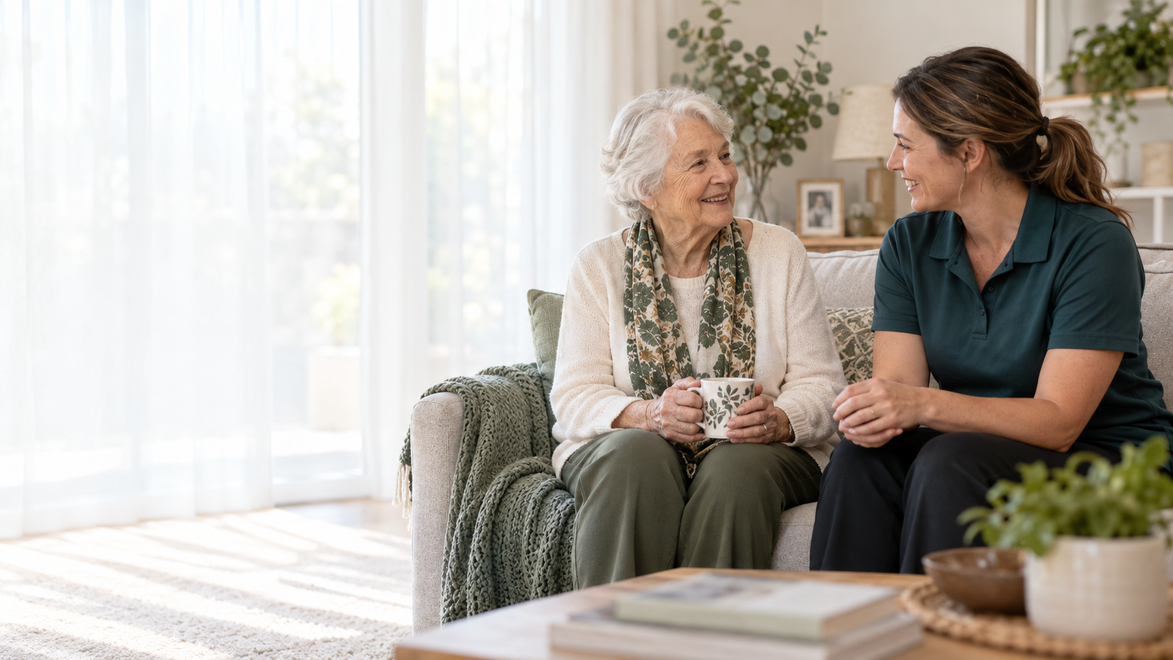 An older woman talking warmly with a support worker at home